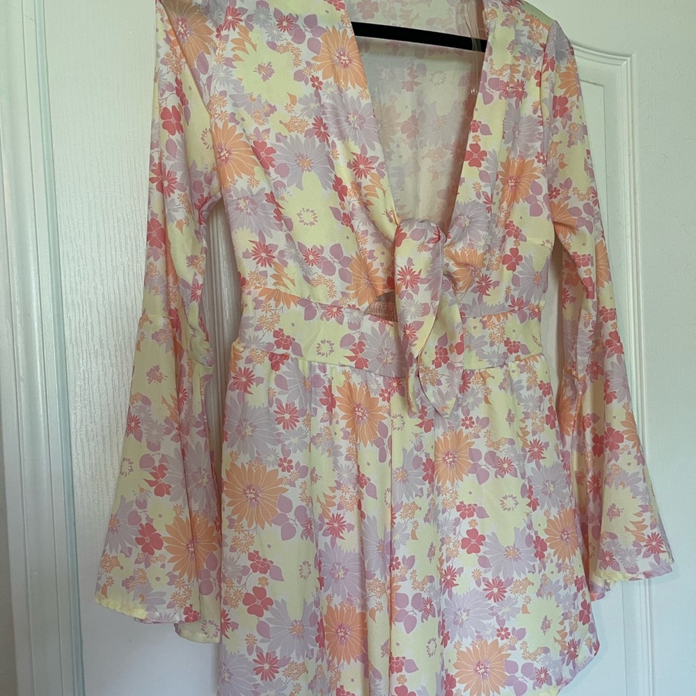 Pink Lily Floral Tie-Front Romper - Yellow and Pink